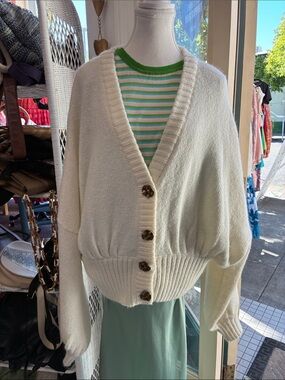 FARM Rio Oversized Cream V-Neck Button Cardigan Sweater XL Off White Mohair Wool